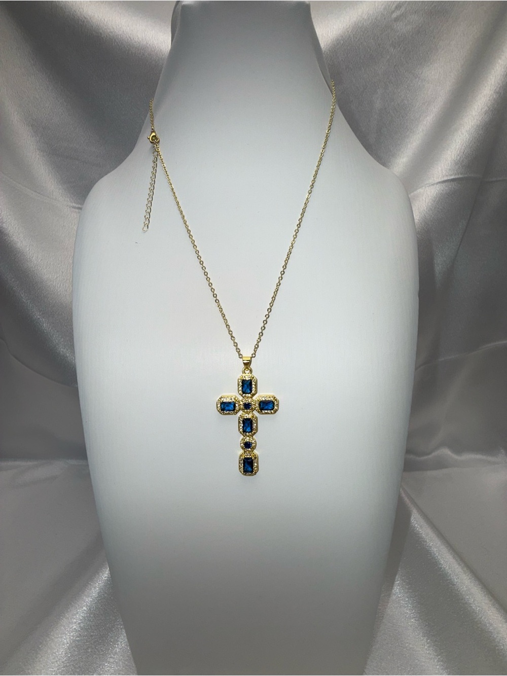 18K Gold Dipped Blue Sapphire CZ Cross Necklace – 18”–20” Adjustable